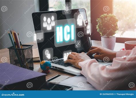 Human Computer Interaction Person Hand Using Computer On Office Desk