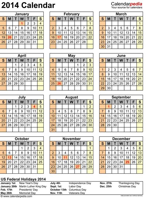 2014 Calendar With Federal Holidays