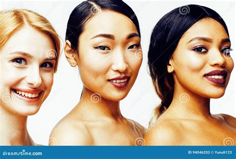 Three Different Nation Woman Asian African American Caucasian Together Isolated On White