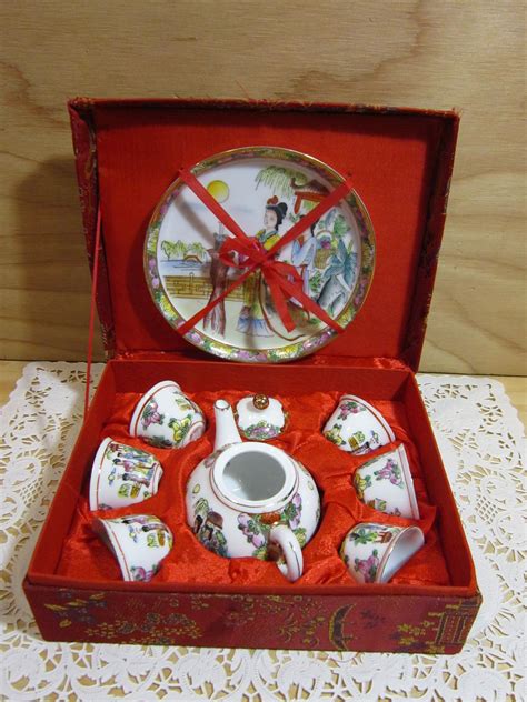 Vintage 9 Piece Chinese Miniature Tea Set In Original Brocade Red Box
