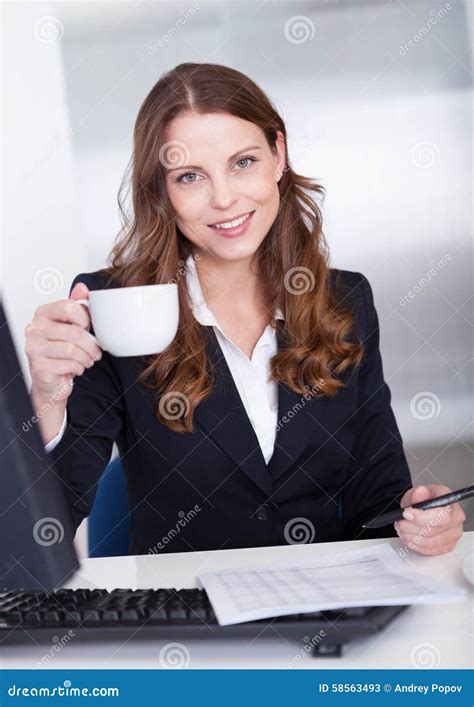 Businesswoman Drinking A Cup Of Tea Stock Image Image Of Coffee