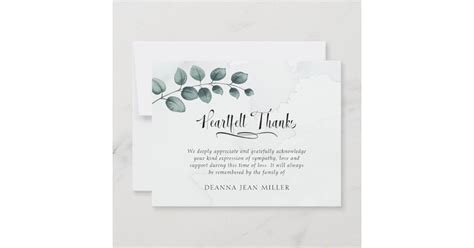 Funeral Heartfelt Thanks Watercolor Green Leaves Thank You Card