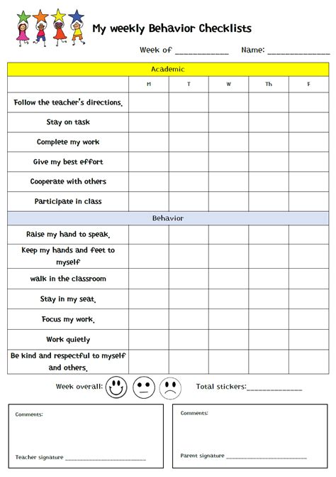 Printable Behavior Checklist Template