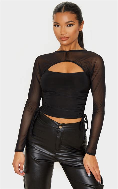 Black Mesh Cut Out Detail Crop Top Tops Prettylittlething Usa