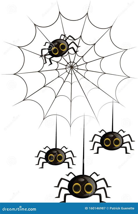 Four Black Cute Cartoon Spiders In A Spiderweb Vector Illustration