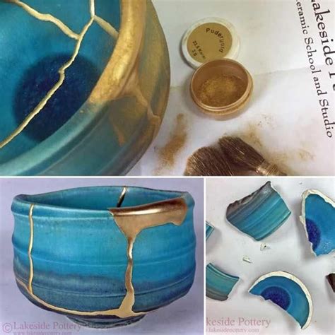 Blue And Gold Pottery Is Being Displayed In Three Different Pictures