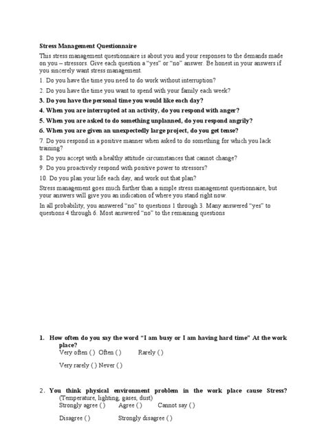 Stress Management Questionnaire | Stress Management ...