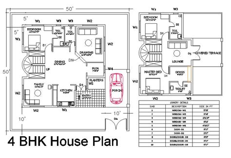 50x50 House Plans Autocad Drawing Dwg File 2500 Square Feet Cadbull