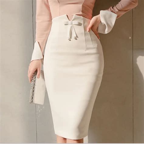 New White Women Midi Pencil Skirt 2019 Spring High Waist Office Bodycon Midi Skirts Zipper Split