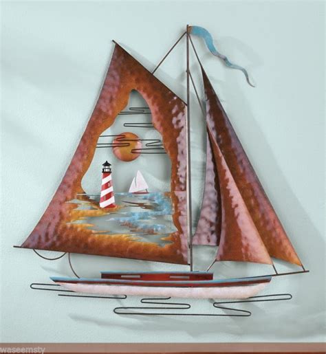 3d Nautical Metal Sailboat Wall Decor Seaside Lighthouse Scene