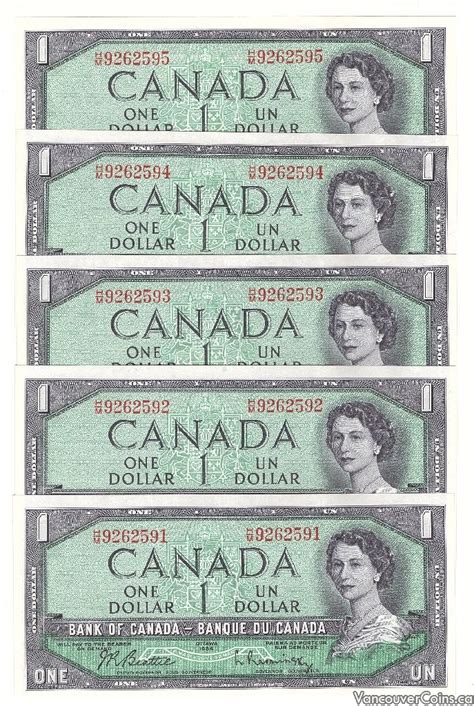 5x 1954 Canada 1 Consecutive Banknotes Beattie Hm9262591 95 Ch Unc63
