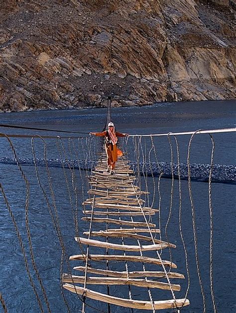 Plank Suspension Bridge Hunza River Northern Pakistan Bhutan