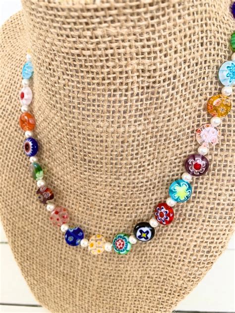 Millefiori Multi Color Glass Bead Necklace Etsy