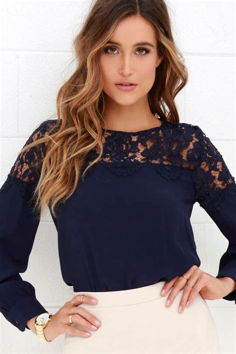 Lace Top Navy Blue Shirt Long Sleeve Top Navy Blouse Lulus