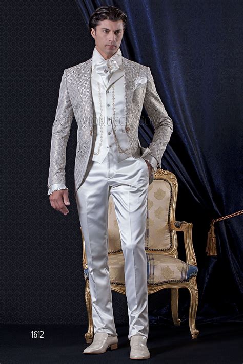 Be ready for any event, add versatile pieces like polos, suit pants, and jackets to your wardrobe. Ivory and gold brocade peak lapel wedding suit | White ...