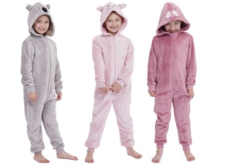 Kids Girls Boys Hooded Fleece Onesie All In 1 Jumpsuit Pjs Pyjamas Size