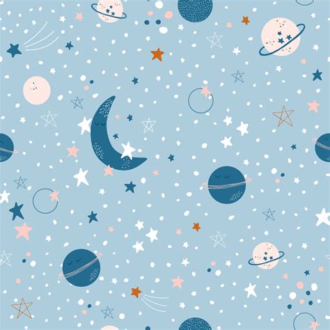 Cute Seamless Pattern With Stars Moon And Planets On Blue Background