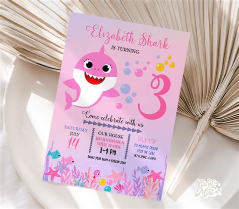 Editable Baby Shark Birthday Invitations Pink Baby Shark Etsy