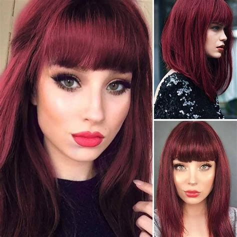 Shoulder Length Dark Red Wigs For Women Bob Wig Bangs Straight Etsy In 2020 Red Hair With
