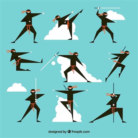 Premium Vector Cute Ninja Character In Different Poses With Flat Design