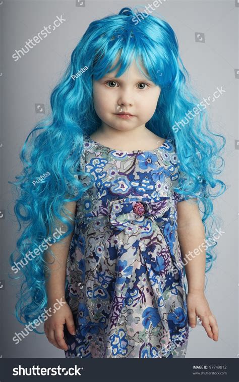 Pretty Little Girl Long Blue Hair Stock Photo 97749812