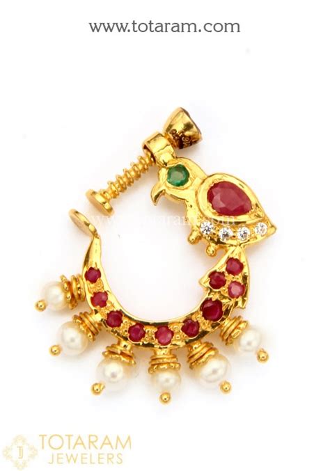 22k Gold Nath Nose Ring With Cz Ruby And Pearls 235 Gnp007 In 3350 Grams