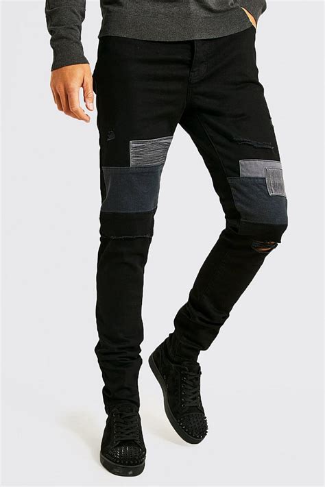 men s tall skinny stretch patchwork jeans boohoo uk