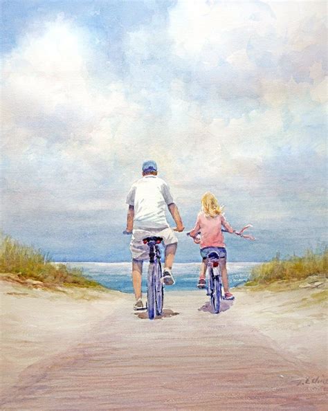 Father And Daughter Bicycling On The Beach Art Print Of Etsy In 2021