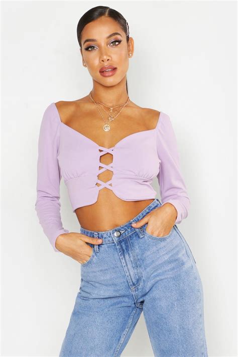 Womens Puff Sleeve Lace Up Peasant Crop Top Purple 8 Crop Tops