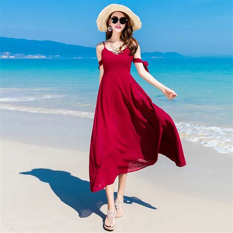 New 2017 Women Summer Beach Dress Off Shoulder Sleeveless Sexy Beach Wear Clothing Wine Red