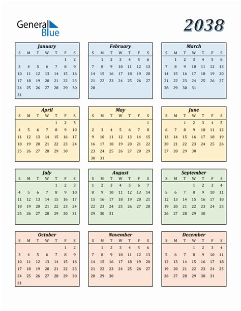 2038 Calendar Pdf Word Excel