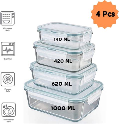 Femora Borosilicate Rectangular Glass Food Storage Container Set Of 4 Pcs 140ml 400ml