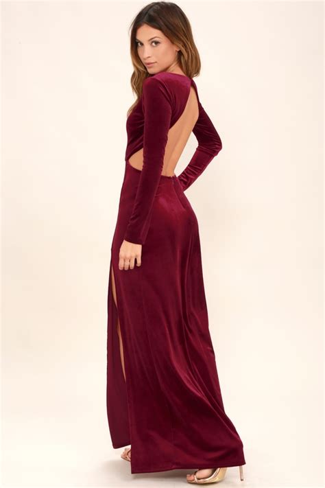 Sexy Burgundy Dress Maxi Dress Velvet Dress Long Sleeve Dress 76 00