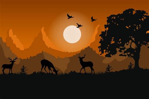 Premium Vector Sunset Or Sunrise Time At Forest With Deer Tree And Colorful Sky Landscape