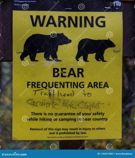 A Bear Warning Sign In Glacier National Park Editorial Stock Photo