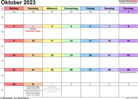 Kalender Oktober 2023 Als Excel Vorlagen