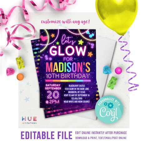 Glow Party Invitation Instant Download Neon Glow In The Dark Etsy