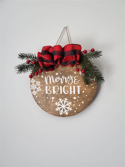 Merry And Bright Rustic Round Sign 8 Red Merry Etsy Christmas Signs