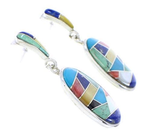 Multicolor Inlay Southwest Sterling Silver Post Dangle Earrings GS75657