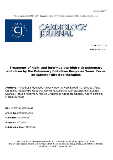 pdf treatment of high and intermediate high risk pulmonary embolism by the pulmonary embolism