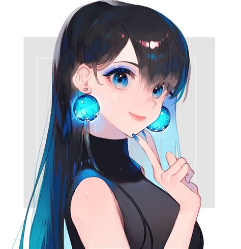 Safebooru 1girl Bangs Black Clothes Black Dress Black Hair Blue Eyes Blue Nails Closed Mouth