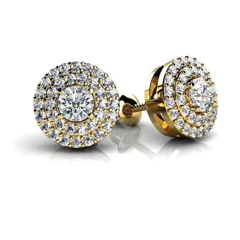 Round Cut Natural Diamond Halo Studs Earrings In K Yellow Gold