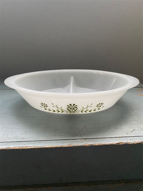 Glasbake Milk Glass Divided Casserole Dish Green Daisy J2352 Etsy