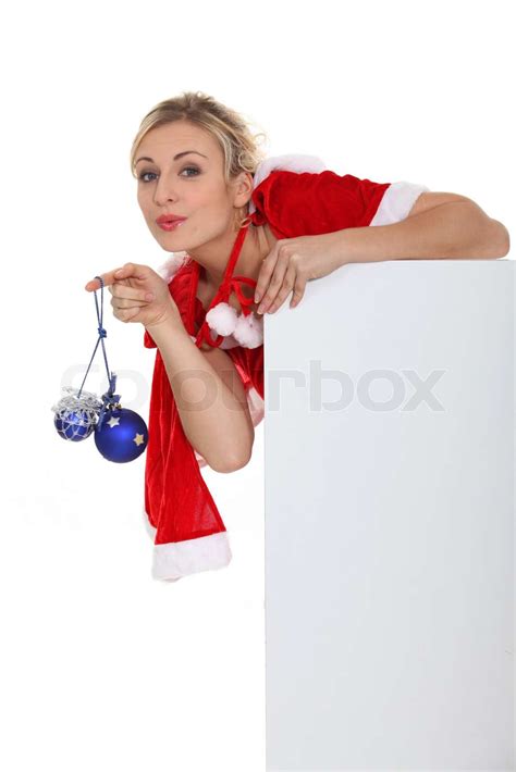 Saucy Miss Santa With Baubles And A Board Left Blank For Your Message