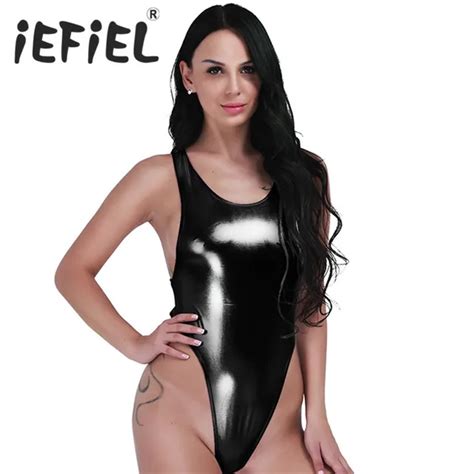 Iefiel Sexy Black Women Faux Leather One Piece Thong Bodysuit Leotard