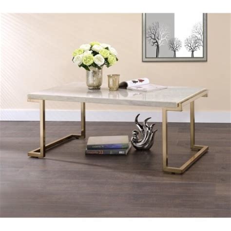 Acme Boice Ii Rectangular Faux Marble Top Coffee Table In Champagne