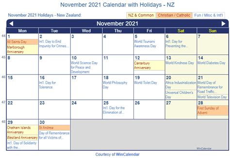 Print Friendly November 2021 New Zealand Calendar For Printing