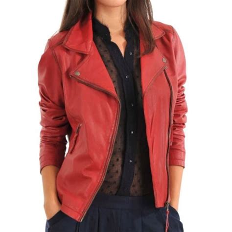 Womens Fj088 Asymmetrical Red Leather Biker Jacket Films Jackets
