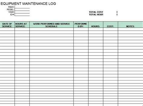 printable equipment maintenance log template excel