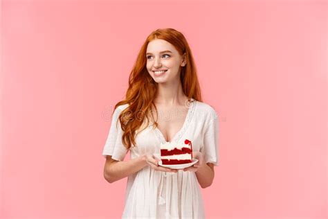 Tender Feminine Cute Redhead Female Caucasain In Beautiful White Dress Looking Aside With